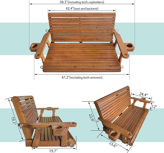 Wooden Porch Swing 2-Seater, High Backrest and Deep Seat, Bench Swing with Cupholders, Hanging Chains and 7mm Springs - Photo 6