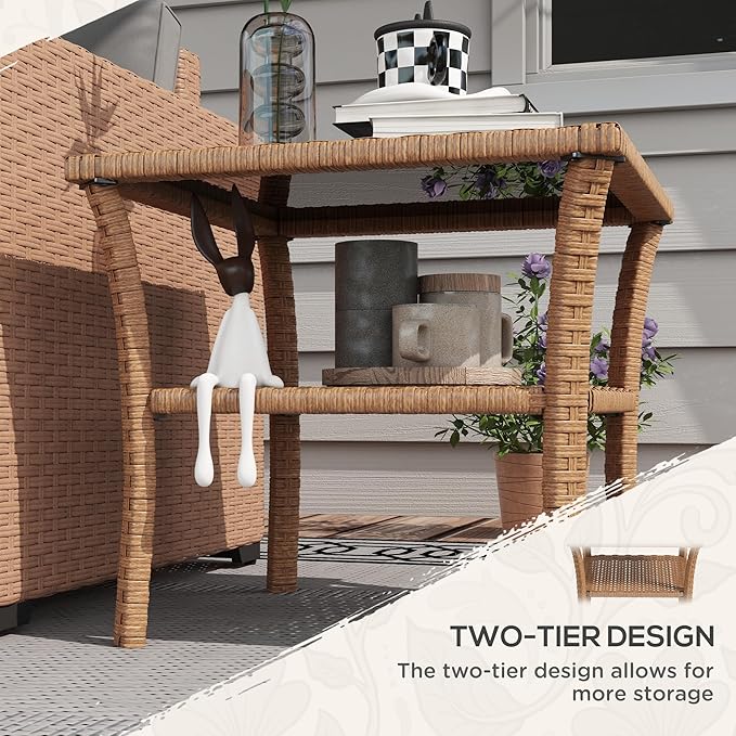 Outsunny Rattan Side Table, Outdoor End Table with Storage Shelf, Aluminum Frame Square, Coffee Table with Tempered Glass Top, Sand