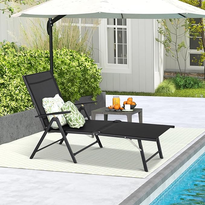 Esright Outdoor Chaise Lounge Set of 2, Adjustable Reclining Folding Pool Lounger for Poolside, Outside/330lb Weight Capacity, Black