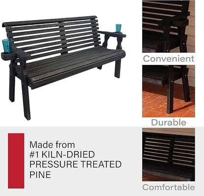 Amish Casual Heavy Duty Pressure Treated 4 Foot Outdoor Garden Bench with Cup Holders - Amish Crafted Roll Back Design in Black Stain, 700 Lb Weight Capacity