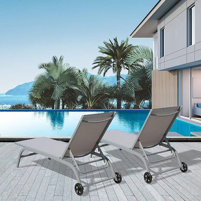 Domi Chaise Lounge Outdoor Set of 2, Lounge Chairs for Outside with Wheels, Outdoor Chaise Lounge with 5 Adjustable Position, Pool Lounge Chairs for Patio, Beach, Yard, Deck, Poolside, Grey