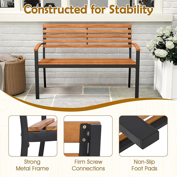Giantex Outdoor Bench, Acacia Wood Patio Loveseat with Slatted Backrest & Seat, Armrests, Heavy Duty Metal Frame, 800 lbs Capacity, 2-Person Garden Bench for Lawn, Porch, Yard and Park
