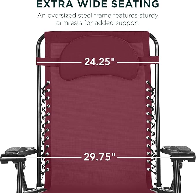 Best Choice Products Oversized Zero Gravity Chair, Folding Outdoor Patio Lounge Recliner w/Cup Holder Accessory Tray, Pillow - Burgundy