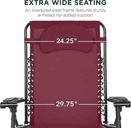 Best Choice Products Oversized Zero Gravity Chair, Folding Outdoor Patio Lounge Recliner w/Cup Holder Accessory Tray, Pillow - Burgundy