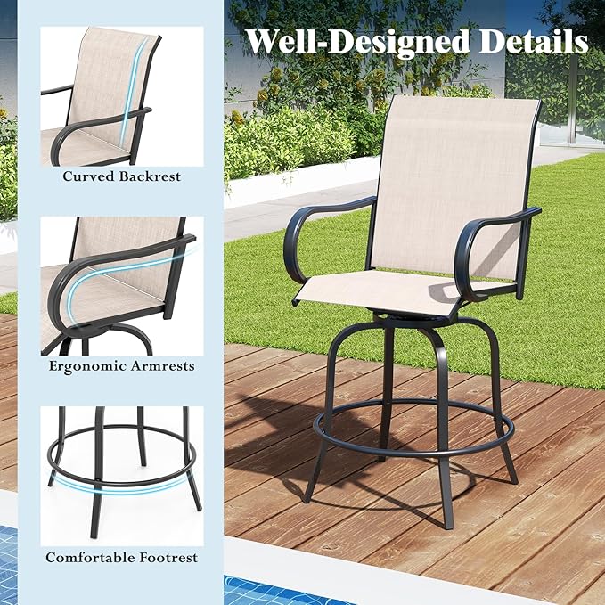Tangkula Outdoor Swivel Bar Stools Set of 2, Bar Height Tall Patio Chairs with Armrests & High Back - Photo 7