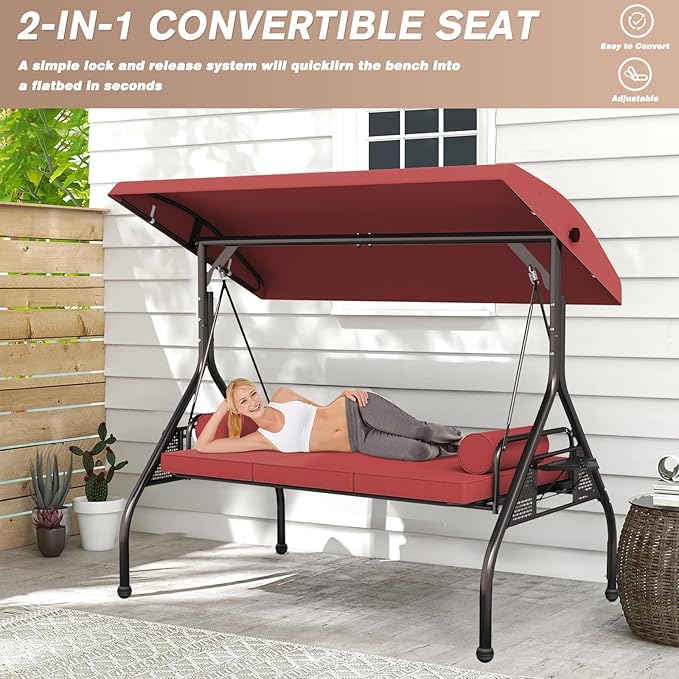 3 Seat Outdoor Porch Swing Chair, Adjustable Canopy Swing Bench, Convertible Backrest Swing Bed with Thicken Cushions - Photo 4