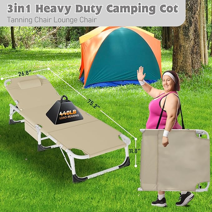 ABORON 3 in 1 Sun Tanning Chair Oversized with Mat&Face Arm Hole, Heavy Duty Folding Chaise Lounge Chairs, 5-Position Outdoor Lounge Chair/Pillow, for Beach, Pool, Lawn, Yard, Patio