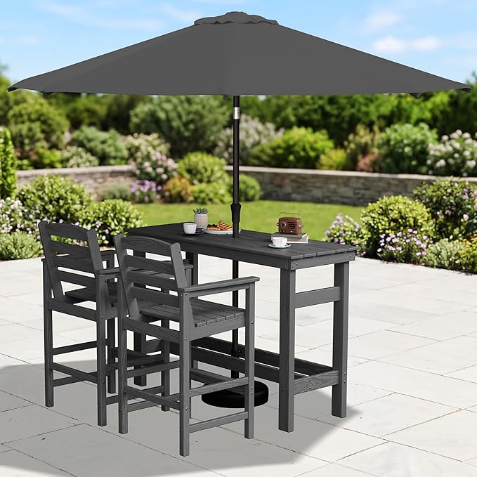 SERWALL Outdoor Bar Set with 9ft Umbrella, All-Weather HDPE Patio Bar Chairs and Table, Outdoor Furniture Set, Grey (Umbreall Base not Included)