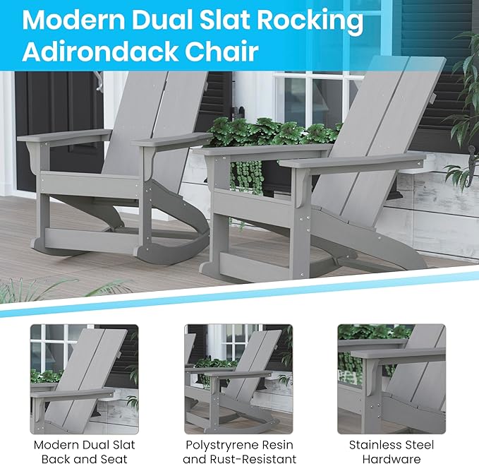 Flash Furniture Set of 2 Finn Modern Commercial Grade Adirondack Rocking Chairs - All-Weather Gray Poly Resin Wood - Photo 4