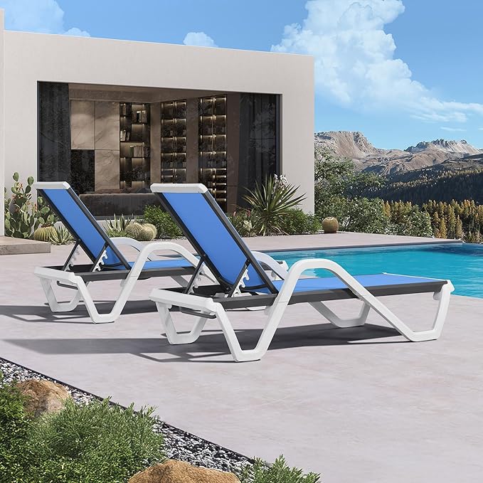 PURPLE LEAF Patio Chaise Lounge Set of 2 Plastic Pool Outdoor Lounge Chair with Armrest Stackable Poolside Tanning Chairs for Beach Deck Yard Sunbathing, Royal Blue