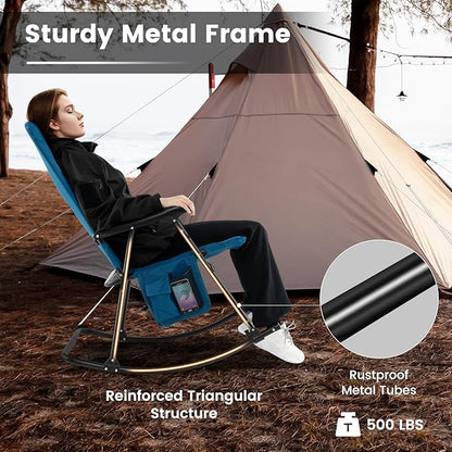 Goplus Oversized Folding Rocking Chair, Padded Patio Lounge Rocker w/Metal Frame, Armrests, Side Pocket, Lightweight Portable Rocking Chair for Backyard Camping Travel, Supports up to 500 lbs(1,Blue)