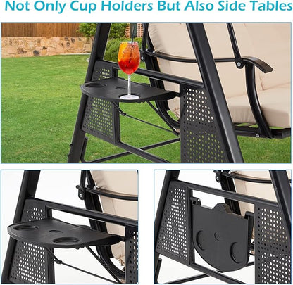 AECOJOY Outdoor Porch Swing with Cover, 3-Seat Patio Swings with Adjustable Canopy, Outside Swing for Adult with Beige Removable Cushions for Backyard, Garden, Yard, Poolside, Balcony