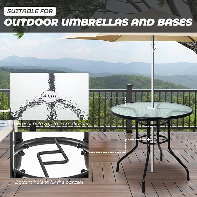 Dining Bistro Table Furniture Outdoor Patio Coffee Small Balcony End Outside Console Umbrella Hole Tempered Glass Conversation All Weather