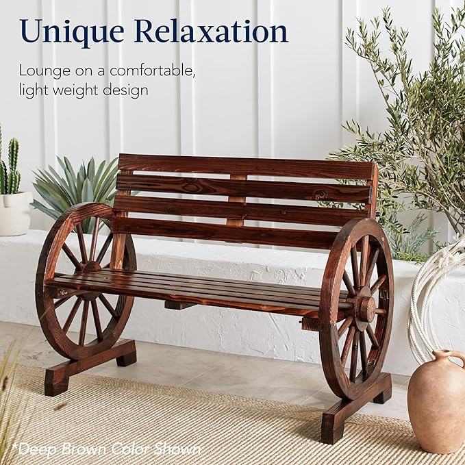 Best Choice Products 2-Person Wooden Wagon Wheel Bench for Backyard, Patio, Porch, Garden, Outdoor Lounge Furniture w/Rustic Country Design, Slatted Seat and Backrest - Natural