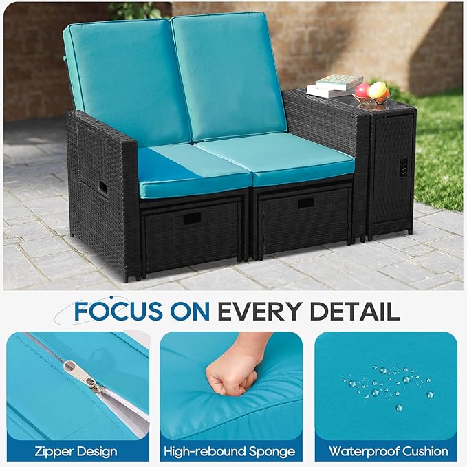 5PCS Outdoor Wicker Chaise Lounge Chair - Rattan Adjustable Reclining Patio Lounge Chair with Ottoman and Coffee Table, for Patio Beach Pool Backyard (Black Wicker Turquoise Cushion)