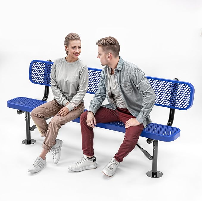 Heavy-Duty Outdoor Metal Bench, Thermoplastic-Coated, Surface, Weatherproof, Commercial-Grade for Parks, Gardens, Patios, Stores & More (6 Ft - Surface with Back, Blue)
