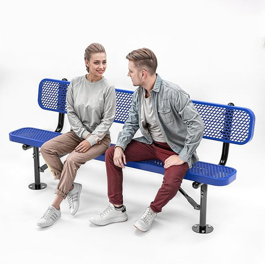 Heavy-Duty Outdoor Metal Bench, Thermoplastic-Coated, Surface, Weatherproof, Commercial-Grade for Parks, Gardens, Patios, Stores & More (6 Ft - Surface with Back, Blue)
