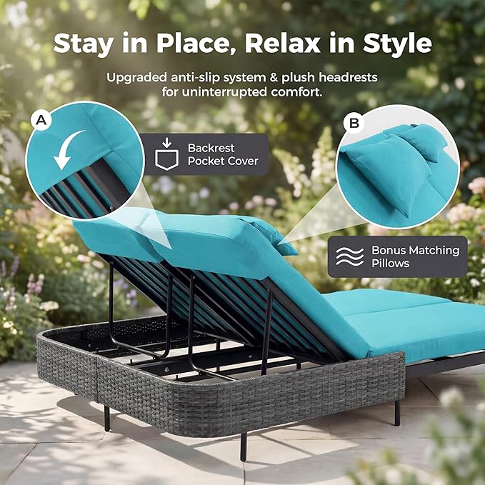 RADIATA 51.2" Outdoor Loveseat Sofa Bed, PE Wicker Patio Daybed with 2-Person Double Chaise Lounge - Photo 6