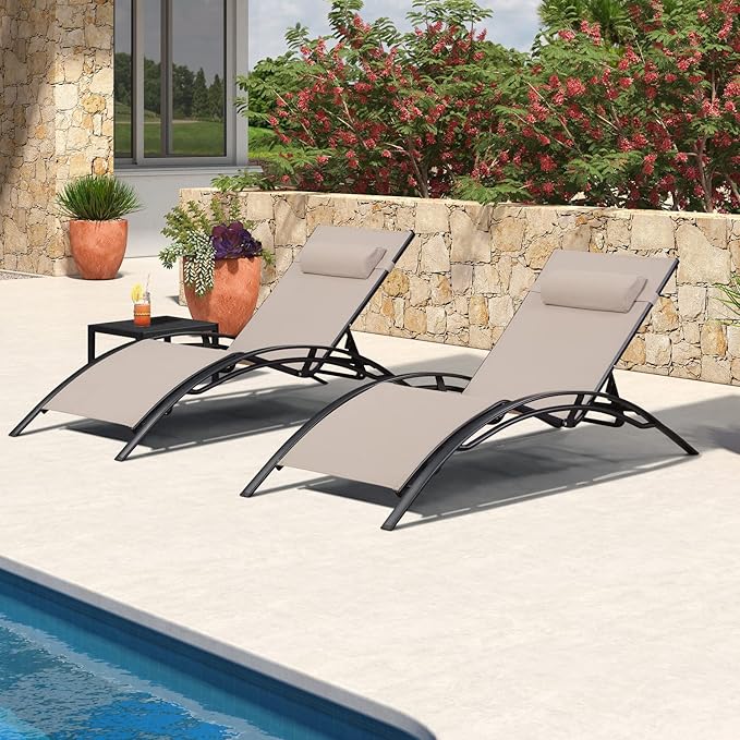 PURPLE LEAF Patio Oversized Chaise Lounge Chair Set with 2 Side Table Pool Adjustable Recliner Chairs for Outside Beach Outdoor Sunbathing Tanning Poolside Lounges