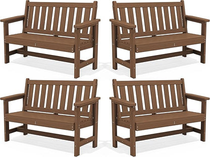 SERWALL Outdoor Bench, HDPE Outdoor Benches Weatherproof, 2-Person Garden Bench with 660 lbs Weight Capacity, Patio Benches for Outdoors, Garden, Porch, Backyard and Park, Brown, 4 Pack