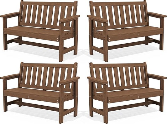 SERWALL Outdoor Bench, HDPE Outdoor Benches Weatherproof, 2-Person Garden Bench with 660 lbs Weight Capacity, Patio Benches for Outdoors, Garden, Porch, Backyard and Park, Brown, 4 Pack