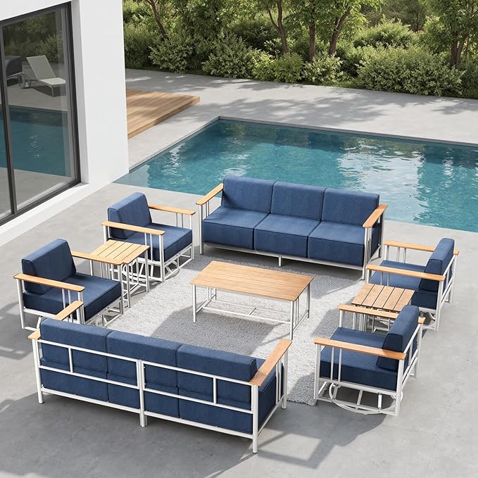 6-inch Thick Cushion Outdoor Furniture Set, 2-Piece Swivel Chair Set, PE Material, with Wood Grain armrests and trapezoidal backrest, Suitable for Indoor and Outdoor Balcony Seating, White | Blue