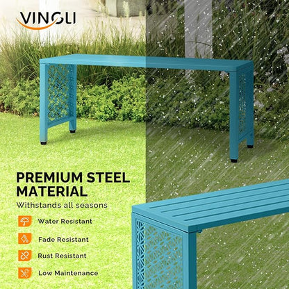 VINGLI 40in Outdoor Metal Bench, All-Weathe Backless Patio Bench with Slatted Seat＆Floral Side Panels, Rust-Resistant Garden Bench, Weatherproof Outdoor Seating for Porch Entryway Backyard (Blue)
