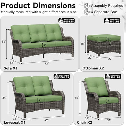 6 Piece Outdoor Wicker Patio Furniture Set, Patio Chairs Set with Thickened Olefin Cushions, High Back and Deep Seating, Hand-Woven PE Rattan, Ottoman for Porch, Deck