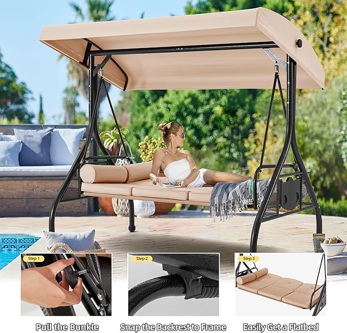 HOMREST 3 Seat Outdoor Porch Swing with Adjustable Canopy, Convertible Patio Swing Bed with Stand - Photo 5