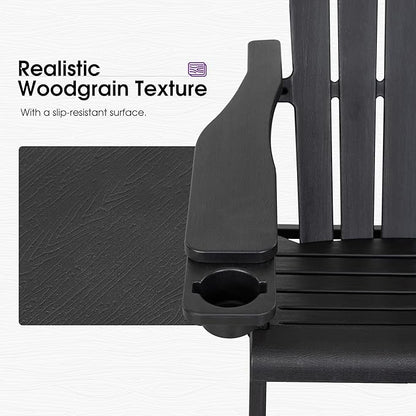 PURPLE LEAF Adirondack Chair HDPE All-Weather Outdoor Fire Pit Chair with 24.6" Oversized Seat Wood-Textured Patio Adirondack Chair with Dual Cup Holders for Garden Deck Backyard, Black