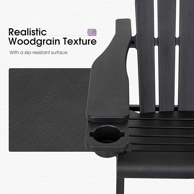PURPLE LEAF Adirondack Chair Set of 2 HDPE All-Weather Outdoor Fire Pit Chair with 24.6" Oversized Seat Wood-Textured Patio Adirondack Chair with Dual Cup Holders for Garden Deck Backyard, Black