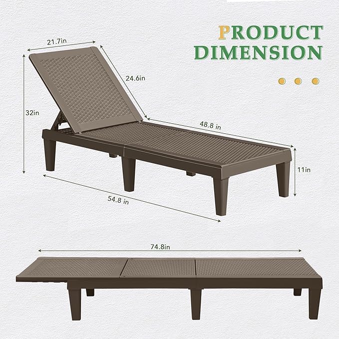 JUMMICO Patio Chaise Lounge Chair Set of 2 Outdoor PE Waterproof Adjustable Easy Assembly Lounge Chairs for Outside Pool Garden Deck Beach (Deep Brown, Set of 2)