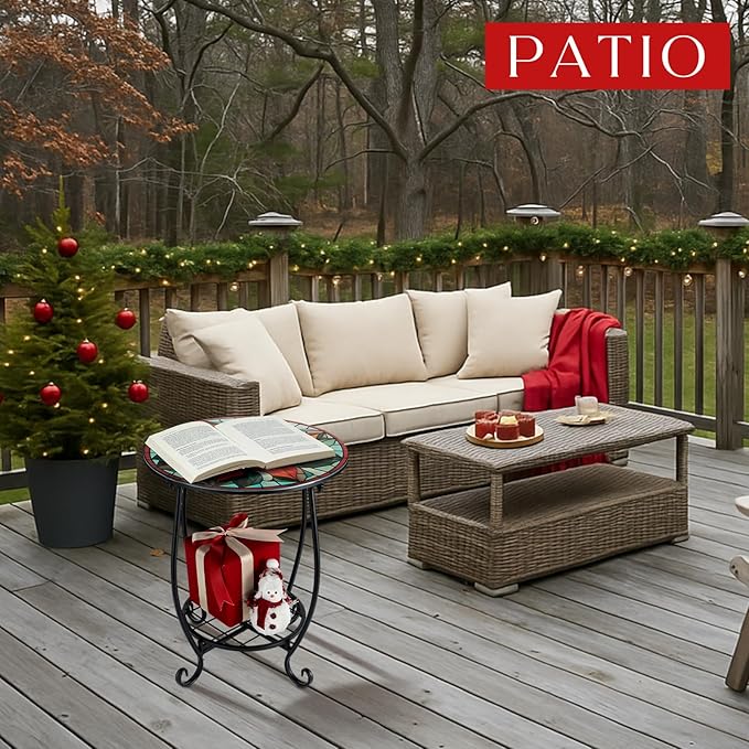 Outdoor Side Table Round Small Mosaic Patio Accent Indoor End Plant Coffee Tea Table for Yard Patio Porch Garden Living - Photo 2