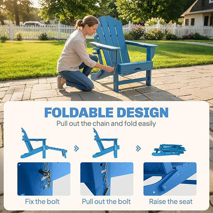 Outsunny Folding Adirondack Chair Set of 2, Outdoor HDPE Fire Pit Chair with Retractable Ottoman, Cup Holder and Large Seat for Deck, Garden, Backyard, Blue