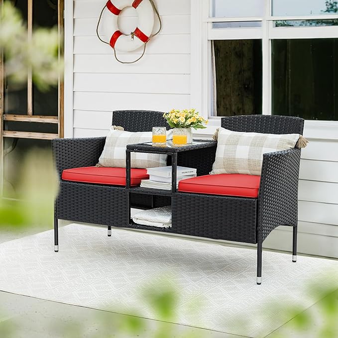 Flamaker Outdoor Furniture Patio Loveseat Wicker 2-Seat with Built-in Table and Cushions Rattan Porch Chairs Bench for - Photo 2