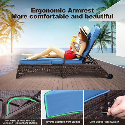 NOBLEMOOD Chaise Lounge Outdoor Wicker Lounge Chair with Wheels, Adjustable 6 Position Pool Reclining Chair with Blue Thickened Fabric Cushion & Pillow, Pack of 4