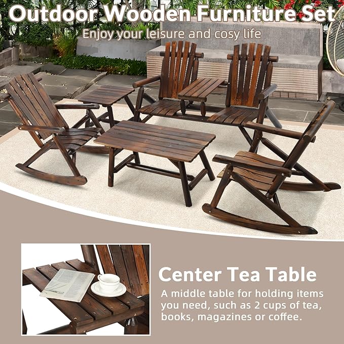 5-Piece Outdoor Wood Log Rocking Conversation Set, Patio Adirondack Furniture Chair Set Including 2-Seater Garden Bench & Built-in Table, 2 Coffee Table, 2 Log Rocker Chair, Carbonized