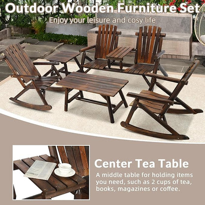 5-Piece Outdoor Wood Log Rocking Conversation Set, Patio Adirondack Furniture Chair Set Including 2-Seater Garden Bench & Built-in Table, 2 Coffee Table, 2 Log Rocker Chair, Carbonized