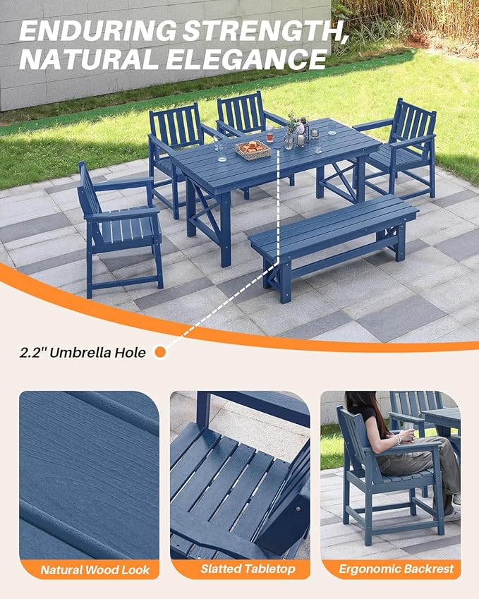 HDPE Outdoor Dining Set of 6, Patio Dining Table Set with 4 Chairs and 1 Bench - Photo 8
