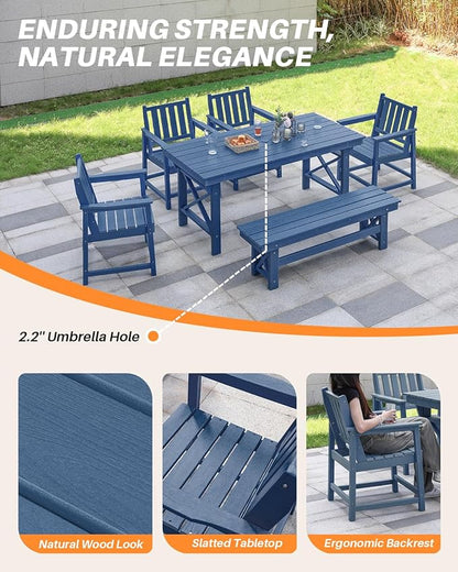HDPE Outdoor Dining Set of 6, Patio Dining Table Set with 4 Chairs and 1 Bench, 6 Pieces HDPE Dining Set with Umbrella Hole, Outdoor Furniture Sets for Deck, Poolside, Garden, Navy
