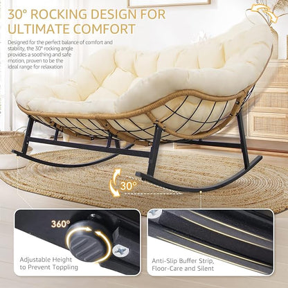 NICESOUL Outdoor Double Egg Rocking Chair, Oversized 2 Person Wide Papasan Rocker, Comfy Padded Recliner Loveseat, 700 lbs Heavy Duty Glider Lounge Chair with Cushion for Outside Backyard Porch, Beige