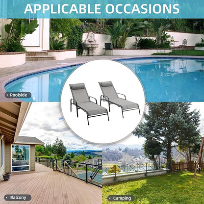 EROMMY Patio Chaise Lounge Chair, Set of 2 Outdoor Lounge Chairs with Adjustable Backrest, All-Weather Waterproof Upgraded Pool Lounge Chairs for Beach Yard Poolside
