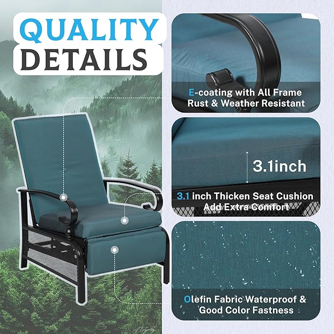 Incbruce 3 Pieces Outdoor Lounge Recliner Set, 2 Adjustable Metal Recliner Sofa Chair and Umbrella Stand Side Square Table Suitable for Garden, Pool, Yard (Peacock Blue)