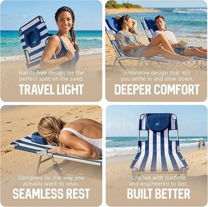 Ostrich Beach Lounge Chair, Folding & Reclining Outdoor Chaise Lounger, Blue/White Striped - Portable Adjustable Recliner Chair for Lawn, Pool, Patio, Garden, and Yard