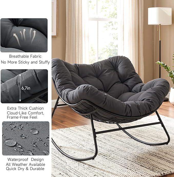 Outdoor Papasan Rocking Chair, 450 lbs Oversized Comfy Patio Chair with Thickened Cushion, Indoor Egg Rocking Lounge Chairs, Rocker Chairs for Patio Porch Garden Living Room Bedroom, Dark Gray