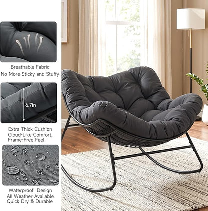 Outdoor Papasan Rocking Chair, 450 lbs Oversized Comfy Patio Chair with Thickened Cushion, Indoor Egg Rocking Lounge Chairs, Rocker Chairs for Patio Porch Garden Living Room Bedroom, Dark Gray