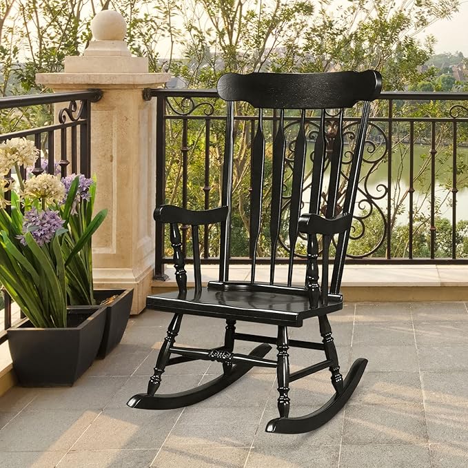 Tangkula Patio Rocking Chair Solid Rubber Wood, Outdoor Porch Rocker Chair with Rubber Wood Frame, Indoor Wooden Rocking Chair, Ideal for Garden, Backyard & Balcony (2, Black)