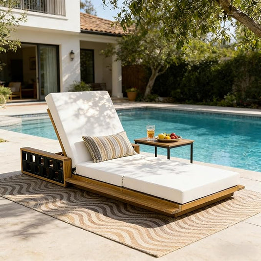 Merax Patio Chaise Lounge with 4-Position Adjustable Backrest, Acacia Wood Outdoor Sunbathing Recliner Chair & 4" Thick Triple-fold Cushion for Poolside, Garden, Backyard, Patio, Beige