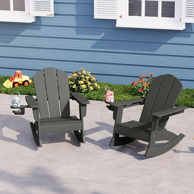WestinTrends Malibu Outdoor HDPE Plastic Preschool Toddler Classic Adirondack Rocking Chairs (Set of 2), Gray
