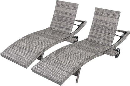 LUMISOL Patio Wicker Chaise Lounge Chairs Set of 2, 80'' Outdoor Rattan Reclining Lounge Chair with Rolling Wheels & Pull-Out Side Table, Adjustable Backrest, for Poolside Deck Pool, Grey